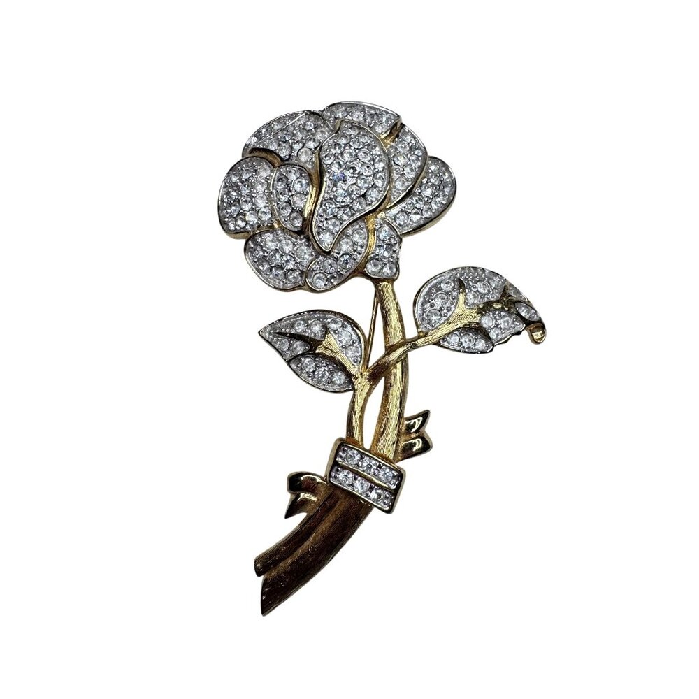 Nolan Miller Rose Brooch Gold Tone Pave Crystal 1980s Glamour Collection